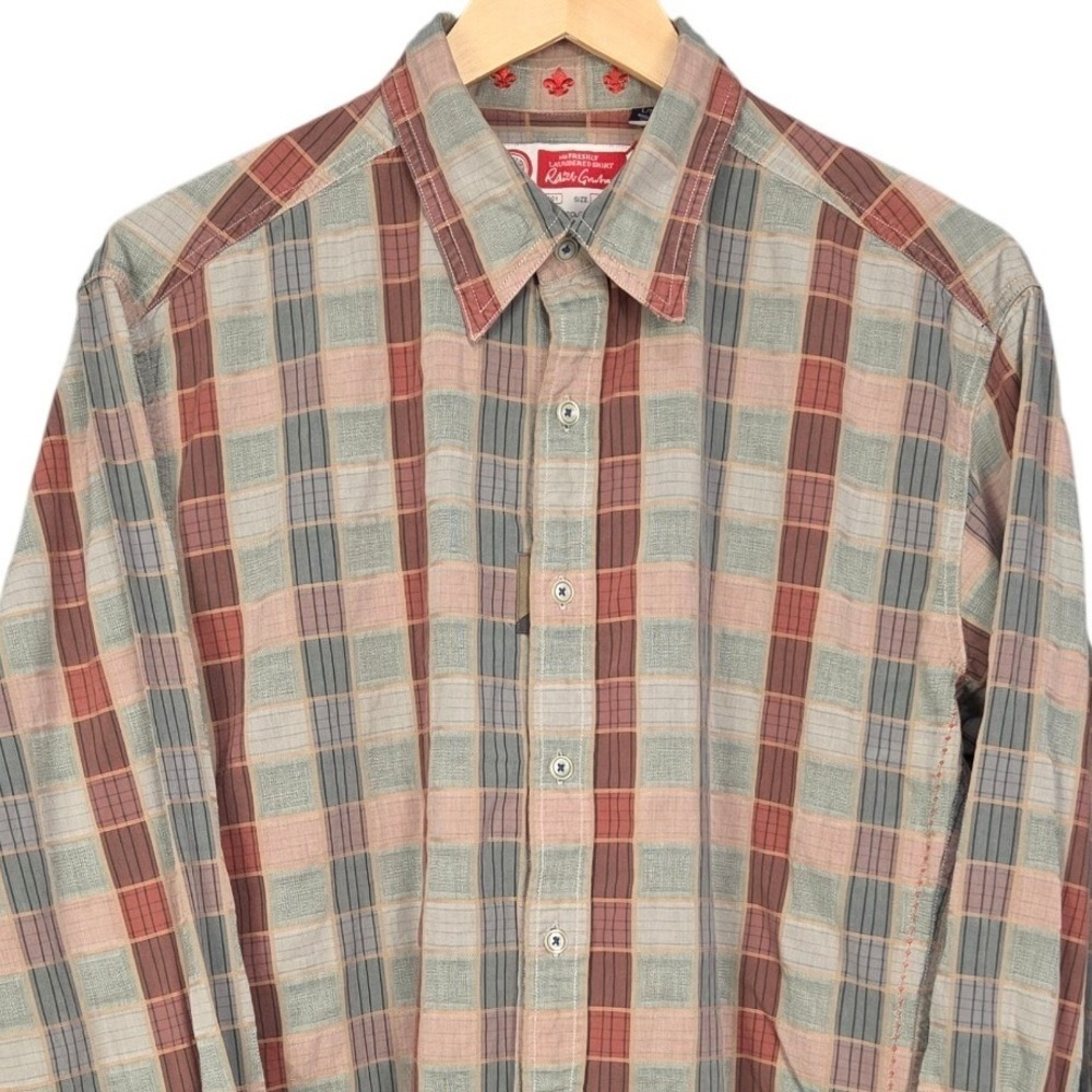 Robert Graham Button Down Shirt Mens Large Red Green Beige Plaid Textured Cotton